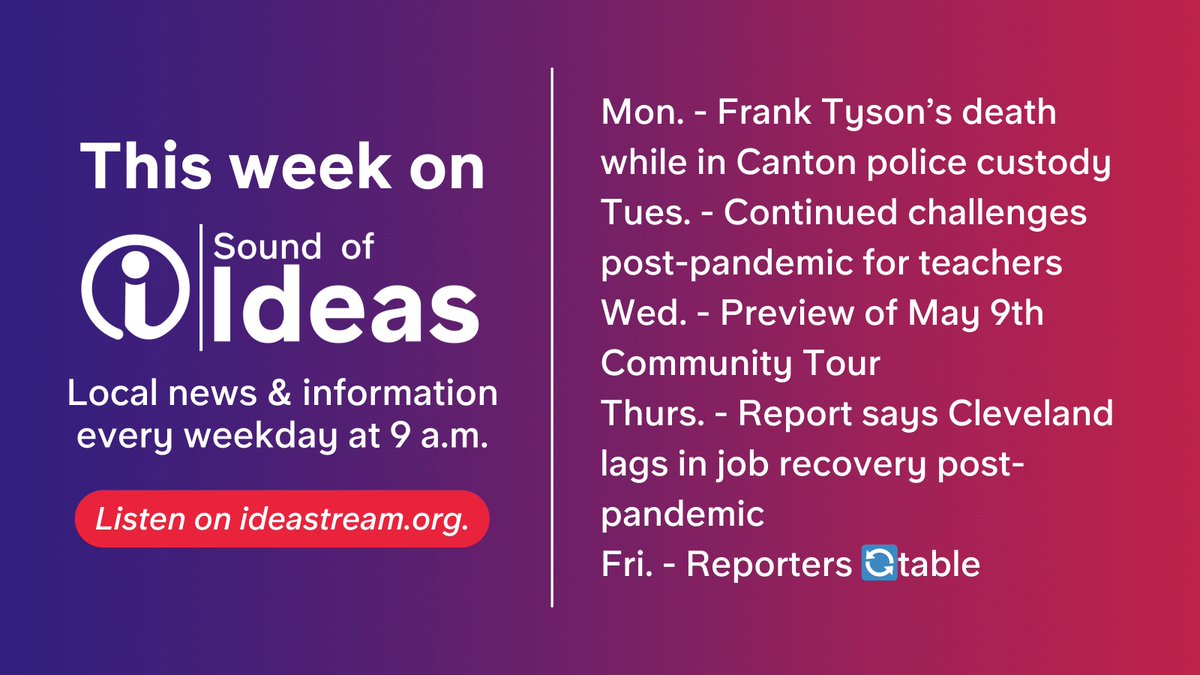 There's lots on the @soundofideas agenda this week. 🎙️ Be sure to tune in every weekday at 9:00 a.m. Featuring Ideastream reporters and guests from @CLEMetroSchools, @akronschools, @PolicyMattersOH and more.