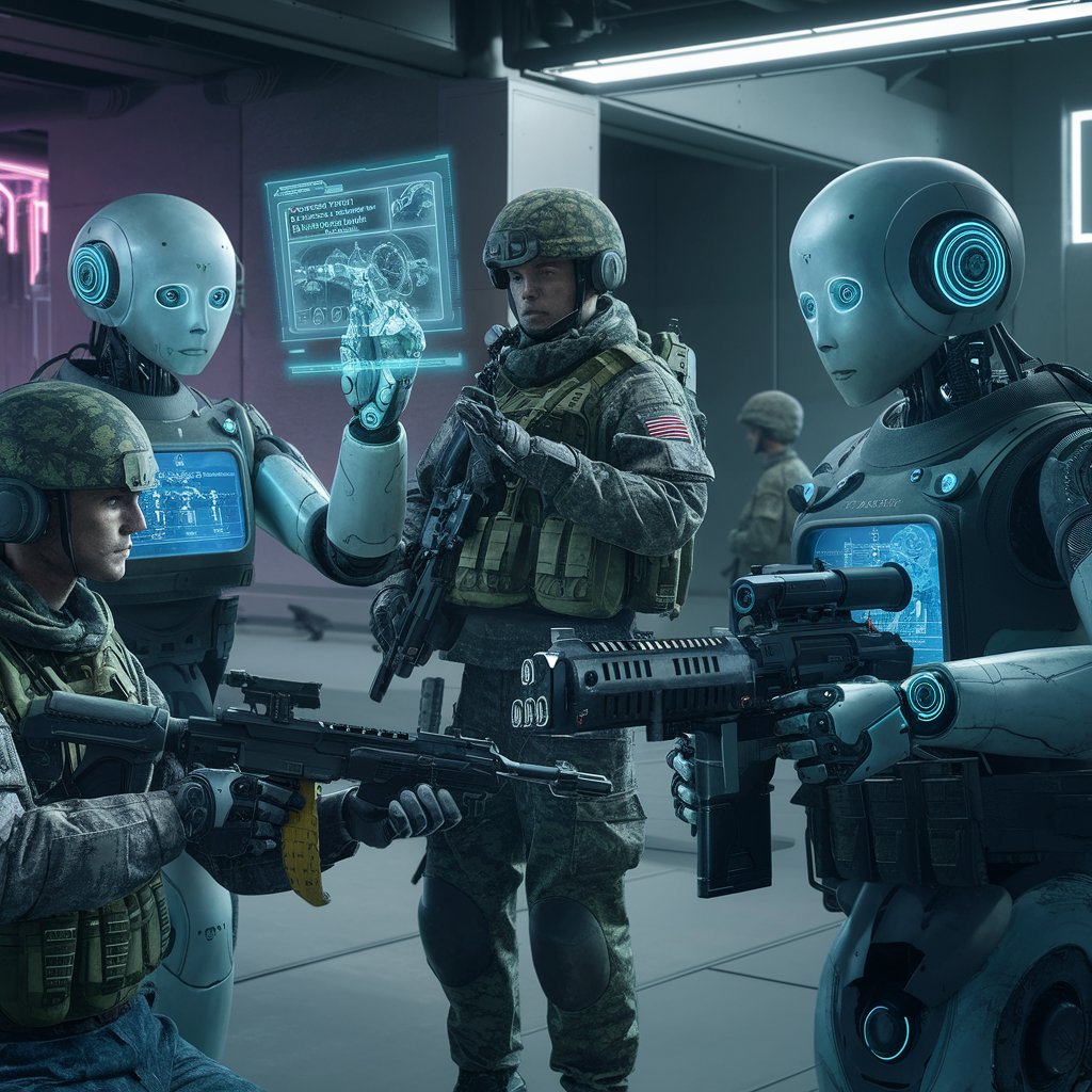 In @siddipetme futuristic military training scene, soldiers in high-tech gear learn from #AI -powered #robots with #holographic displays and #advancedweapon training, set in a cutting-edge neon-lit facility. #Futures #Military #Army #Advancedtechnology