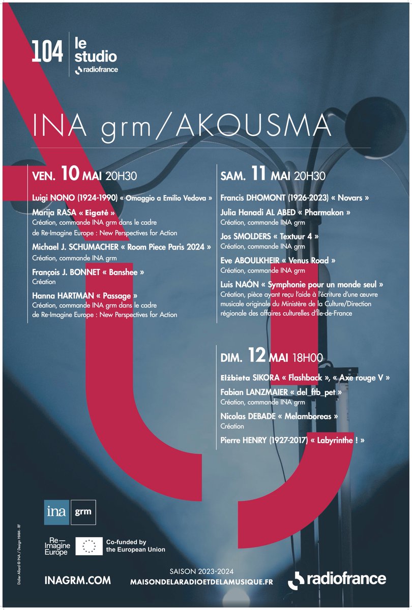 Le prochain week-end de concerts AKOUSMA @Ina_GRM des 10+11+120mai, au studio 104 de la @Maisondelaradio s'approchent à grands pas ! Informations et réservations : maisondelaradioetdelamusique.fr/tag/akousma