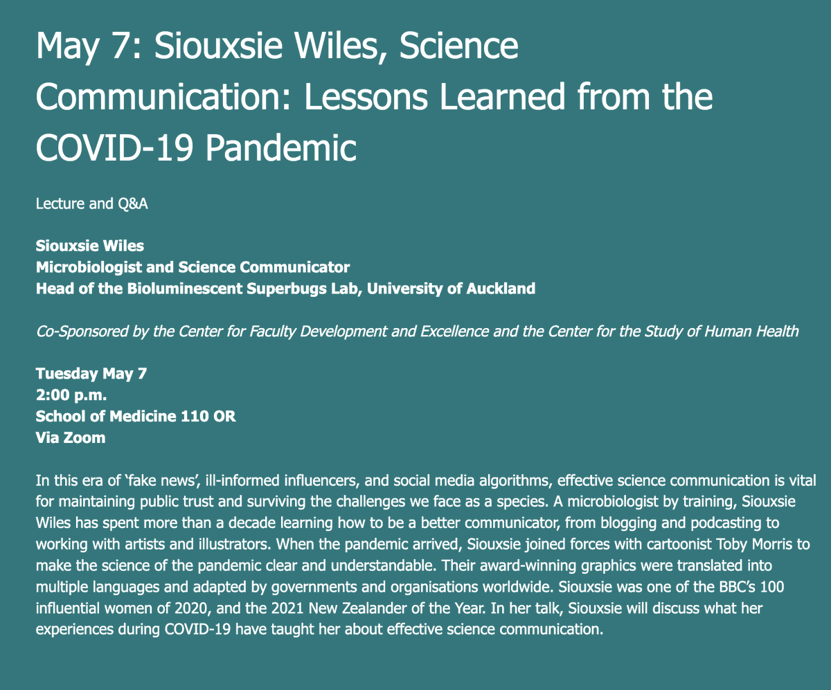 Tomorrow, Tuesday, May 7, 2pm ET Lecture/Q&A @EmoryMedicine 110 & via Zoom #Science Communication: Lessons Learned from the COVID-19 Pandemic w/ @SiouxsieW, Microbiologist & Science Communicator, Head of Bioluminescent Superbugs Lab @AucklandUni Register: forms.office.com/pages/response…