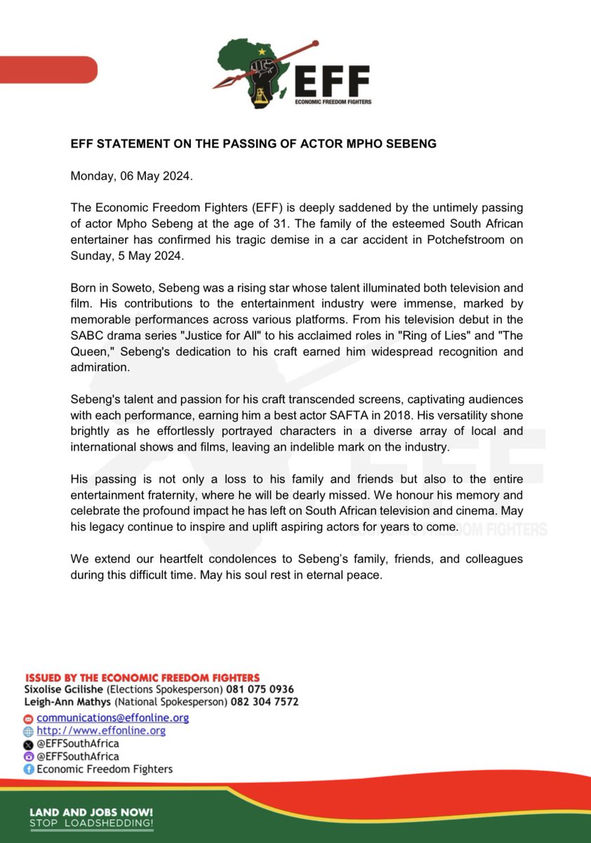 EFF Statement On The Passing Of Actor Mpho Sebeng