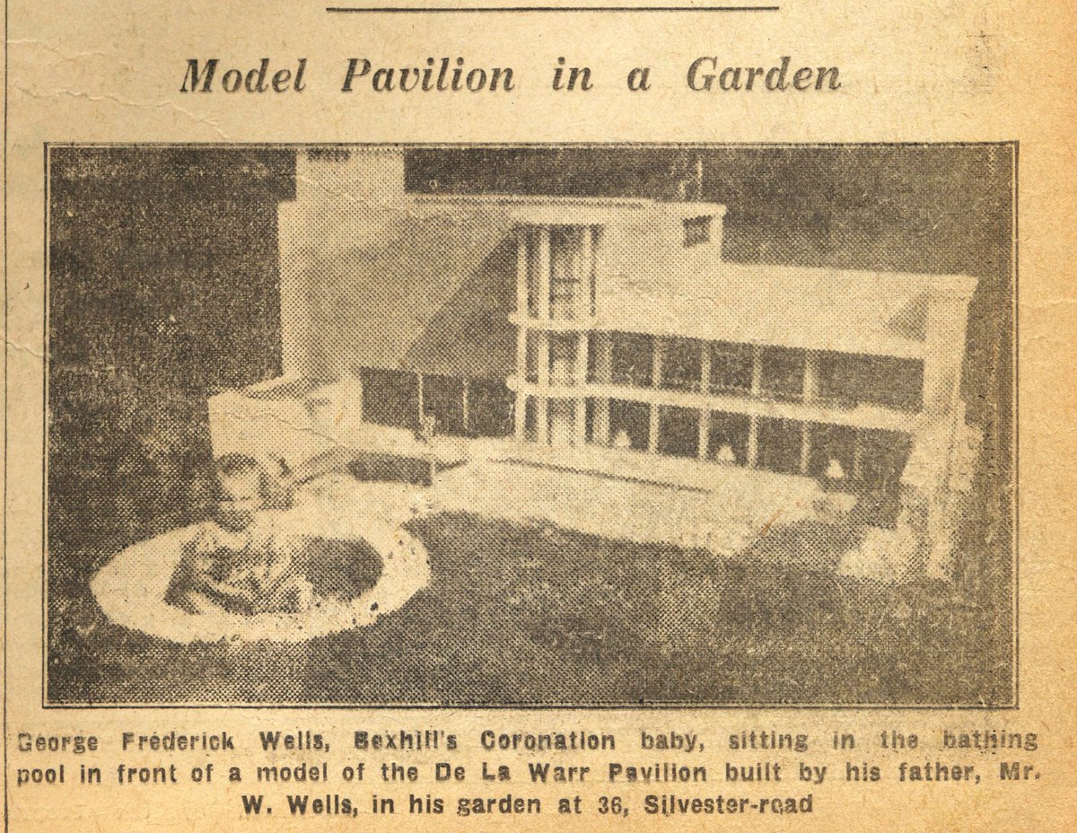 'Model Pavilion in a Garden George Frederick Wells, Bexhill's Coronation baby, sitting in the bathing pool in front of the model of the De La Warr Pavilion built by his father, Mr W. Wells, in his garden at 36, Silvester Road.' @BexhillObs 6.5.1939. #Bexhill #Sussex @dlwp #1930s