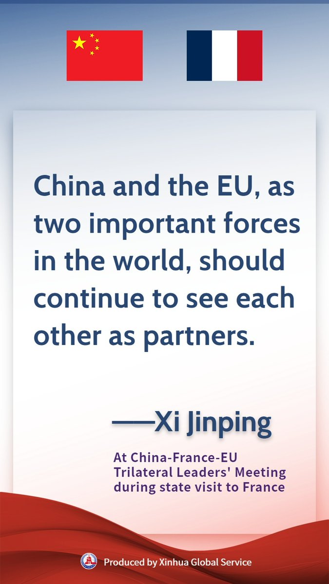 Chinese President Xi Jinping calls on China and the EU to continue see each other as partners as the world enters a new period of turbulence and transformation at a trilateral meeting of China, France and the EU. #Xiplomacy