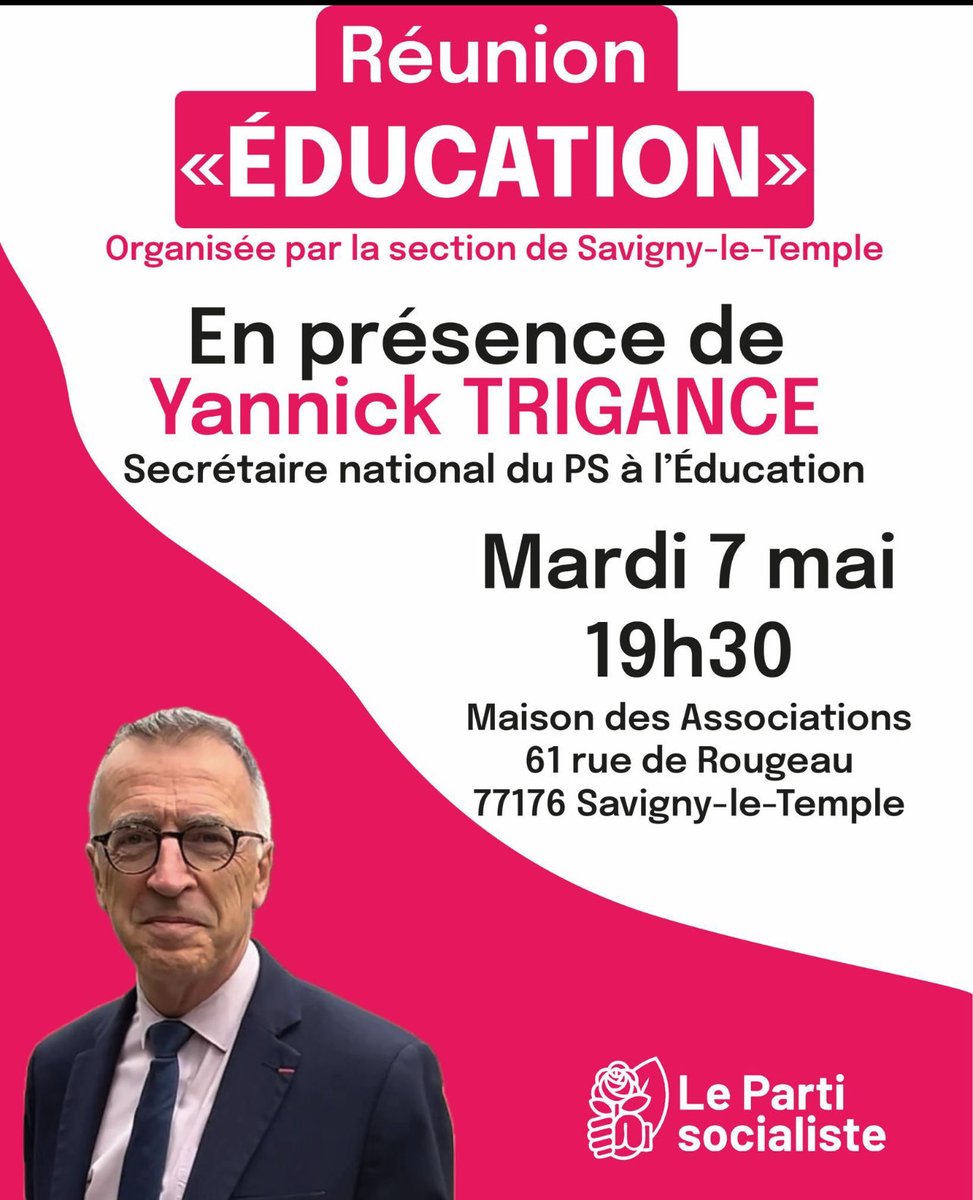 Très heureux de me rendre demain mardi 7 mai à Savigny-le-Temple pour débattre « éducation » , un sujet dans l’actualité immédiate ! ⁦@partisocialiste⁩ ⁦@faureolivier⁩ #education