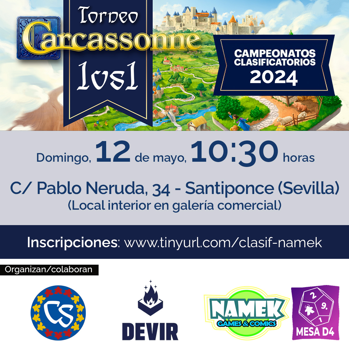 CarcassonneEs's tweet photo. ¿Aún no tienes plaza para el Nacional de @DevirIberia? ¡El domingo es tu oportunidad!

En #Santiponce #Sevilla con @NamekJuegos y @AsocMesaD4.
⚔️https://t.co/D6AtNidgd2

Y en #Fuenlabrada #Madrid con @GenXFuenlabrada, @JuventudFuenla y @Espacio_LaPlaza.
⚔️https://t.co/bs4q22lPse https://t.co/ncbfFcH2Mb