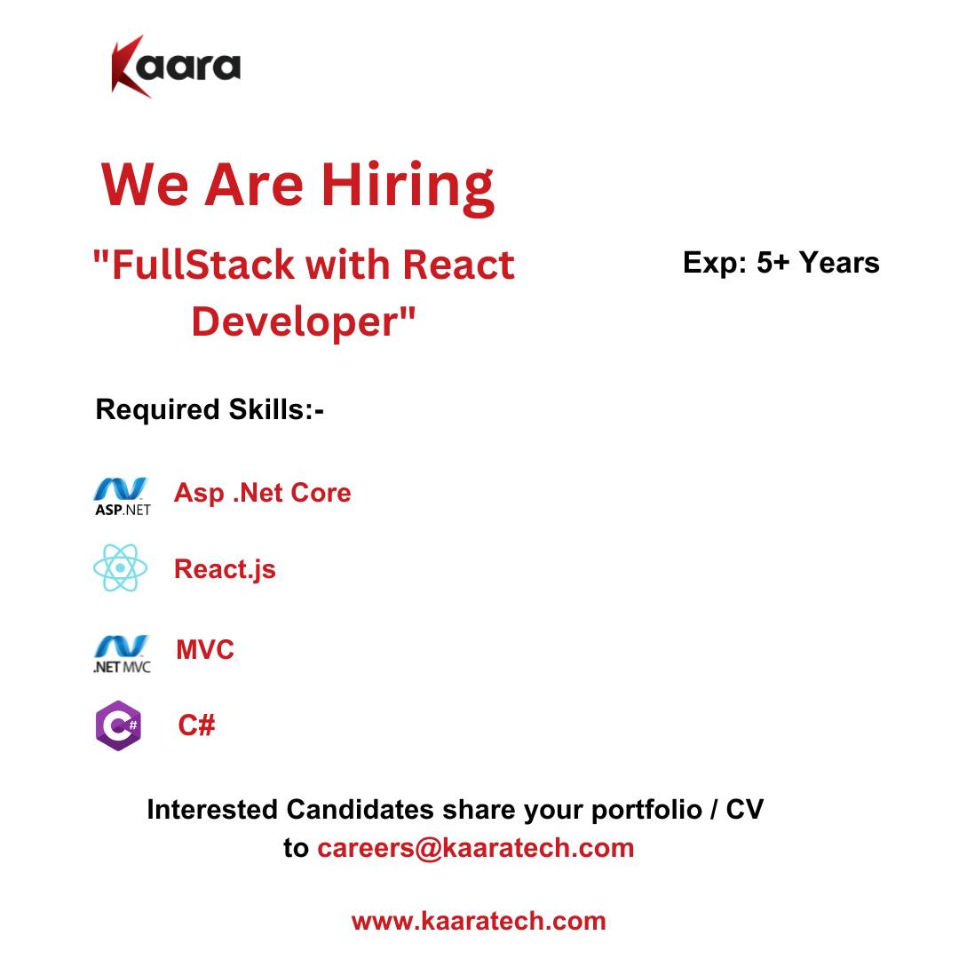 #Kaara We are Hiring 'FullStack with React Developer'

Exp:- 5+ Years
Location: Hyderabad (WFO)
Notice: Immediate

Interested Candidates Share your portfolio / CV to careers@kaaratech.com

Know More: kaaratech.com

#kaaratech #wearehiring #hyderabadjobs  #microsoft
