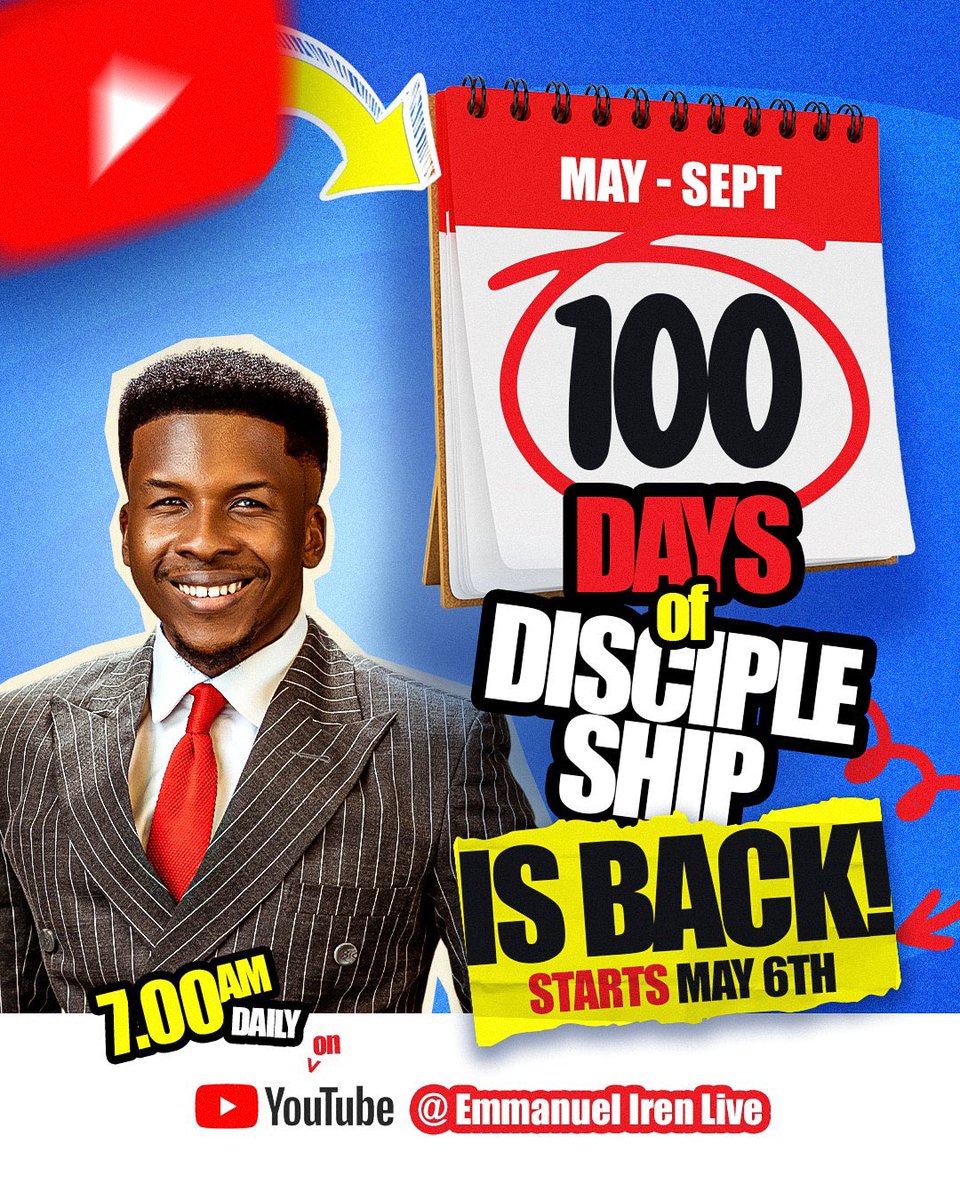 For those who haven’t heard. 100 Days of discipleship is back🥳

And if you’re hearing about it for the first time, for 100 days, Apostle Emmanuel Iren will be teaching from different things in the Bible an average of 20 mins daily on his YouTube.

You should join in!
#100Dod