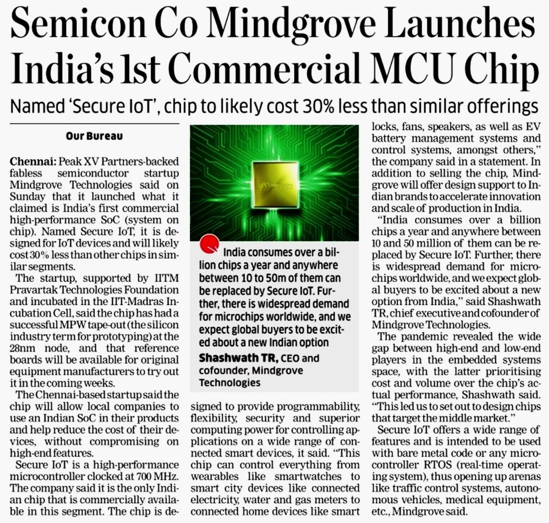 Big day for India today! @shashwath, Sharan & @MindgroveTech have launched the country's first commercial high-performance chip designed, owned & marketed from India for IoT devices. Huge privilege for Peak XV & @_surgeahead to partner with them🚀 #IndiaToTheWorld #semiconductor