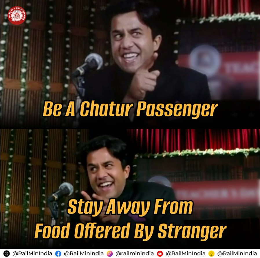 Being a #ResponsibleRailYatri is your ticket to a safe journey. Do not accept food items from strangers on Railway premises. #indianrailways #railways #train #memes #viral #reels #reelsinstagram #instamemes