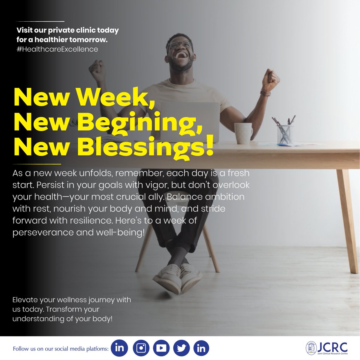 Start this new week with vigor! Let each day be an opportunity to advance towards your goals. Remember, perseverance is key! #JCRCMotivationTip #NewWeek