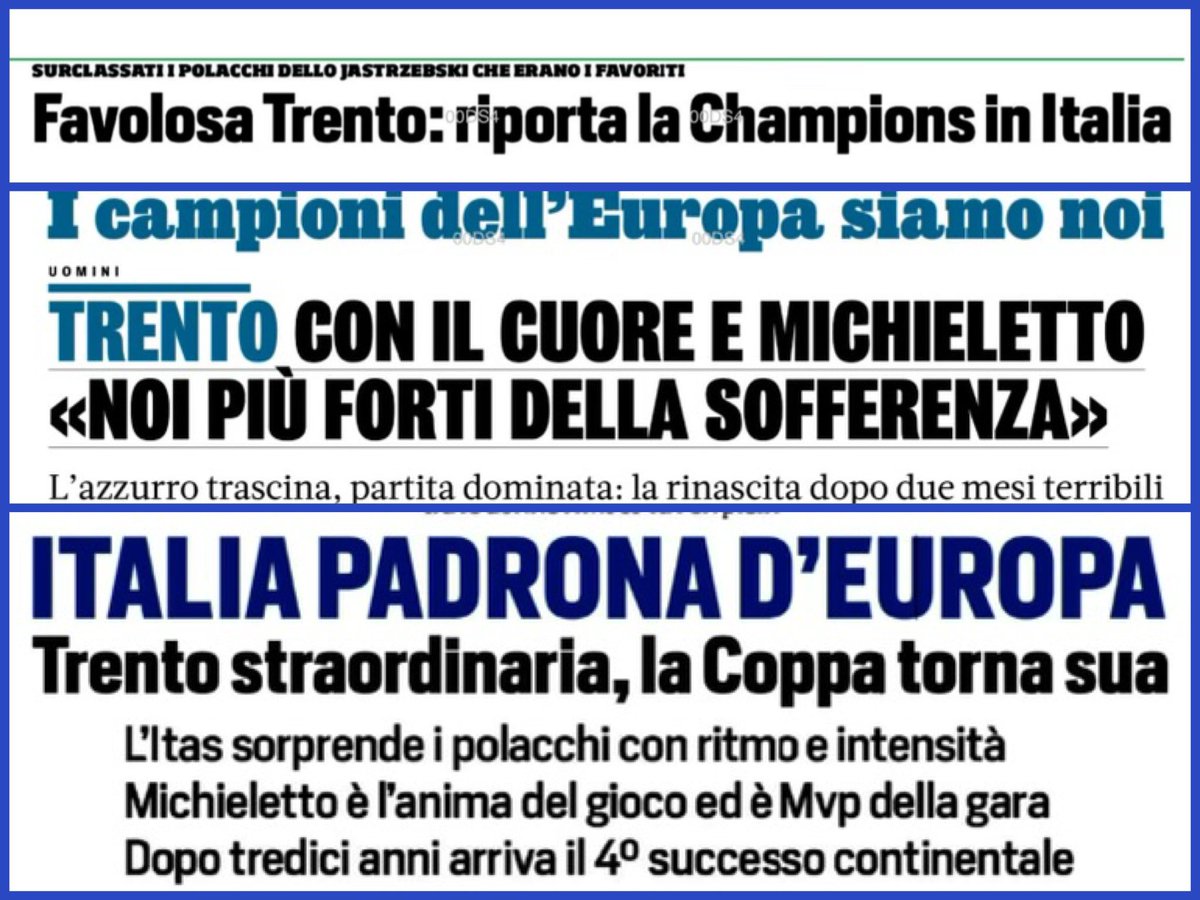 🗞 | RASSEGNA STAMPA
➖
I titoli dei quotidiani nazionali dedicati alla #TrentinoItas maschile nella giornata di lunedì #6maggio 2024: #CorrieredelloSport, #LaGazzettadelloSport e #Tuttosport  
➖ 
#️⃣ #trentinonelcuore