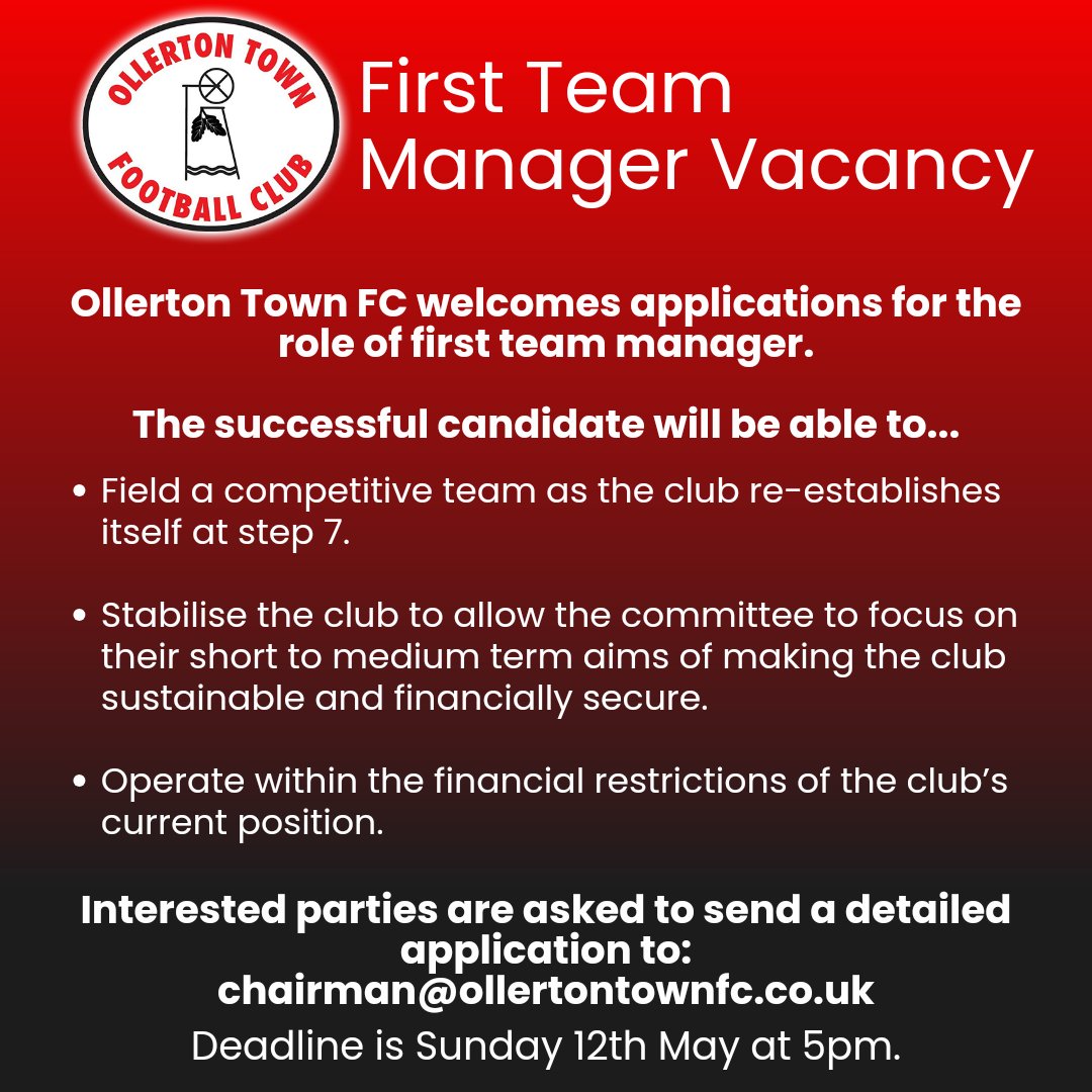 It's the final week for anyone interested in the first team manager vacancy to apply. All relevant information below. 🔴⚫️