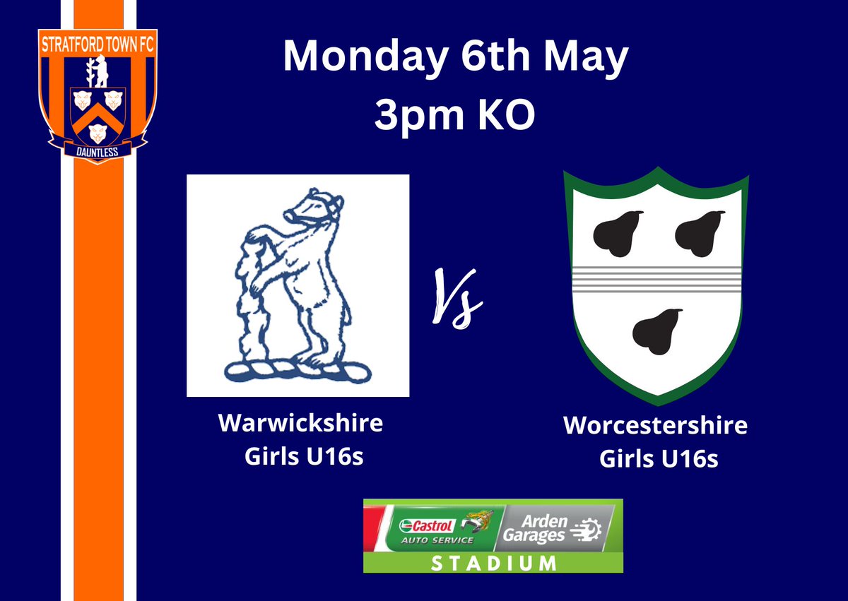 Stratford Town FC are delighted to host the Girls U16s County Cup game between Warwickshire and Worcestershire at the @ArdenGarages Stadium this afternoon. #Warwickshire
