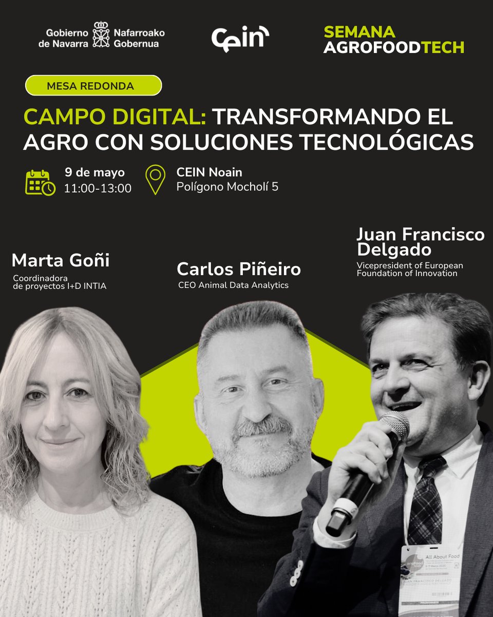 Hoy arranca la Semana AgroFoodTech que organiza @ceinnavarra.

Este jueves, Marta Goñi, coordinadora de I+D en #INTIA participa en la mesa redonda que aborda la soluciones tecnológicas para el sector agro.

🗓️9 de mayo
🕙11:00 - 13:00h
📍CEIN Noain

➡️agrofood.cein.es/semana-agrofoo…