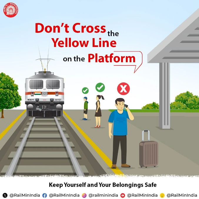 Safety first! Make sure to stand behind the yellow line while waiting for the train to arrive. #ResponsibleRailYatri