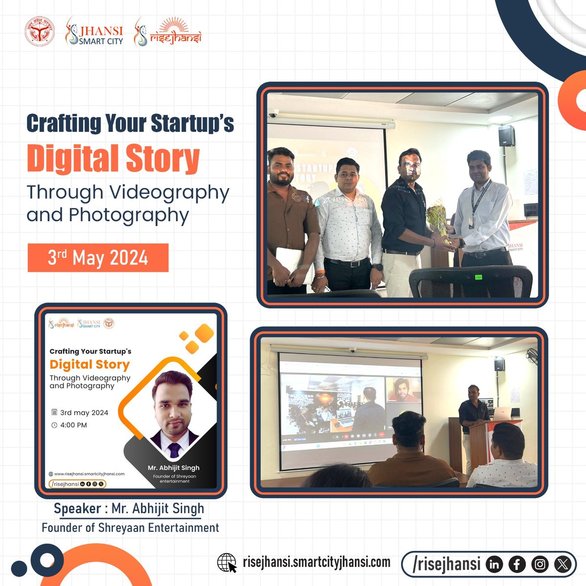 🚀✨ Recap: RISE Jhansi's event with Mr. Abhijit Singh, Founder of Shreyaan Entertainment, offered key insights on leveraging videography and photography to amplify startup narratives.
#RISEJhansi #StartupSuccess #jhansi #Incubationmasters #IM #Jhansismartcity #VisualStorytelling