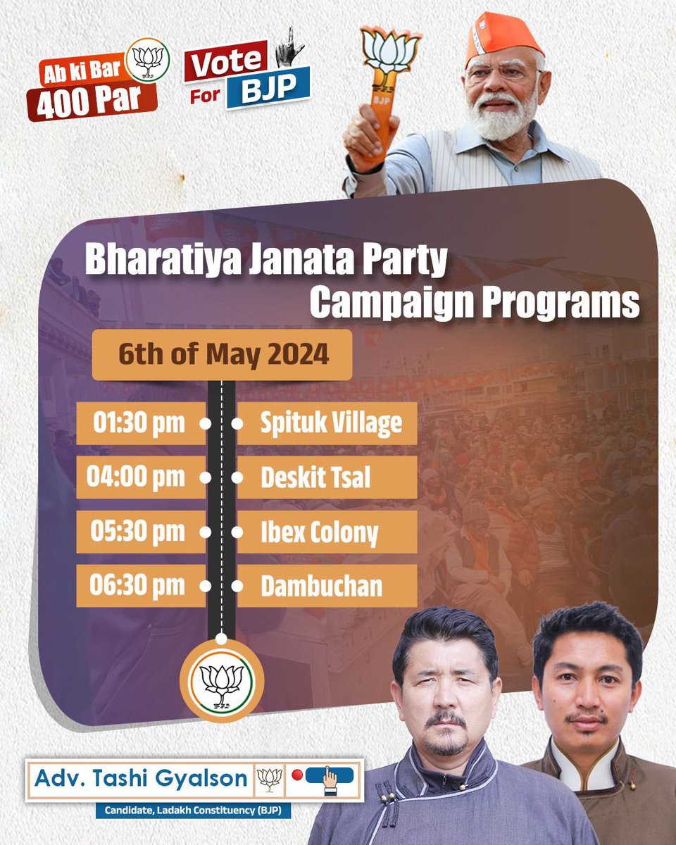 Good Morning, On the Day 3, campaigning of #LokSabhaElections2024, I will be attending four public meetings. @jtnladakh