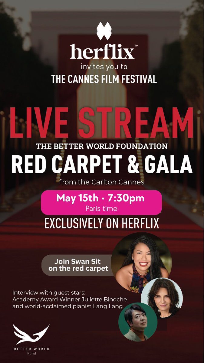 Join Herflix from the Cannes Film Festival on HerflixLive! when we stream the Better World Fund Gala red-carpet from the Carlton Cannes. Live interviews with Juliette Binoche, Lang Lang, and Meryem Uzerli <a href="/meryemuzerli/">Meryem Uzerli</a> #langlang #juliettebinoche <a href="/Festival_Cannes/">Festival de Cannes</a> #herflix #charity