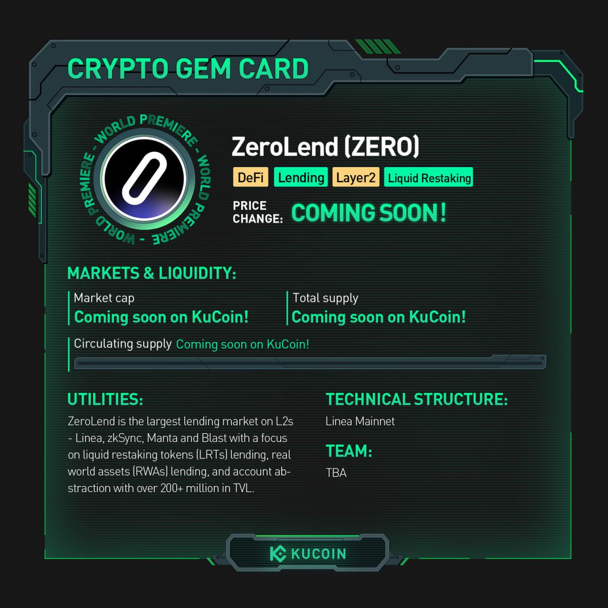 $ZERO trading is now live on #KuCoin! 🚀ZERO/USDT: trade.kucoin.com/ZERO-USDT?utm_… Find out more about ZeroLend in #KuCoinCryptoGem card. #DeFi #Lending #Layer2 #LiquidRestaking