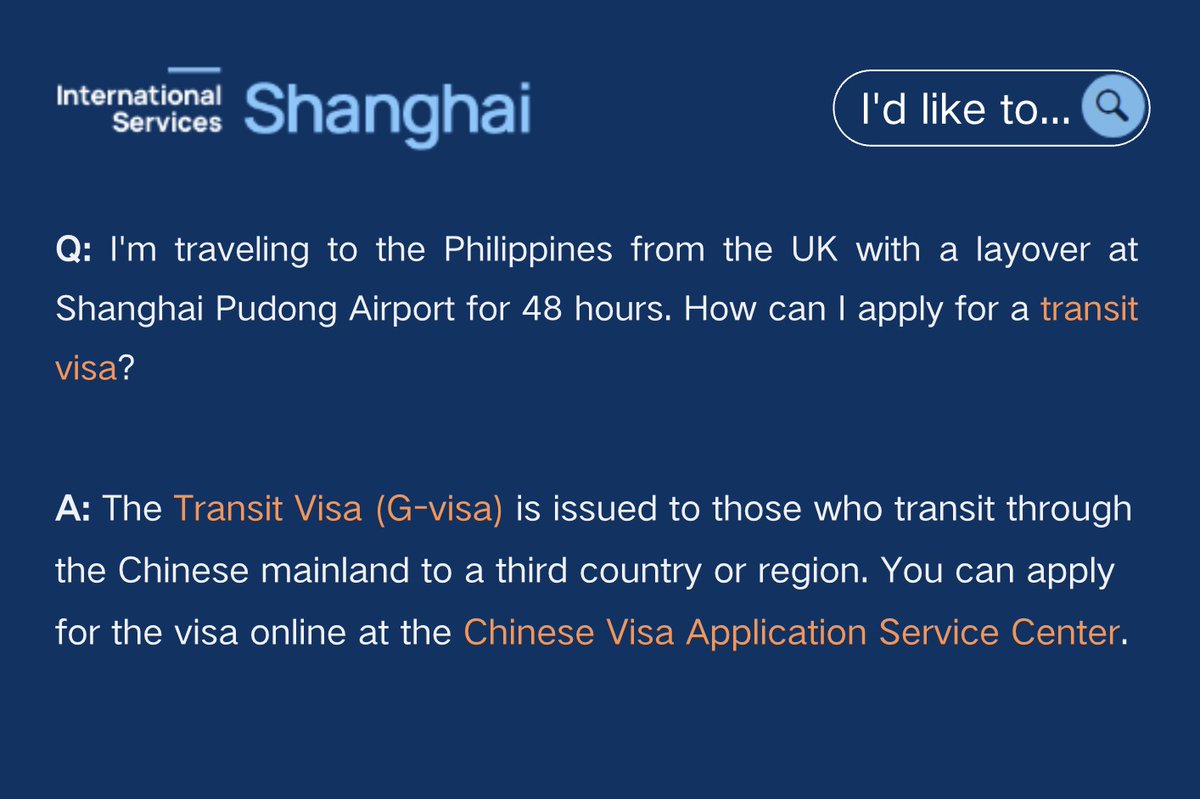 #ShanghaiTips: Got an extended layover in #Shanghai before traveling to a third country? You can apply for a G-visa (transit) at: bit.ly/4du0oks.

For more info about #visa applications, go to bit.ly/44ttWuc for a detailed guide and service hotline.…