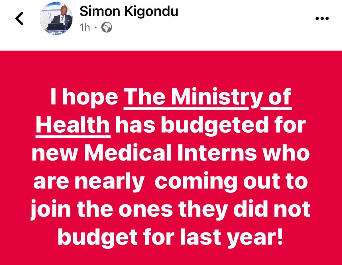 I hope <a href="/MOH_Kenya/">Ministry of Health</a> has budgeted for the new crop of interns who will need to be deployed soon. The current #DoctorsStrikeKE was as a result of MOH not defending this budget. 

Medical Interns are the first line in healthcare of Kenyans attending Level 4, 5 &amp; 6 hospitals. 

Medical
