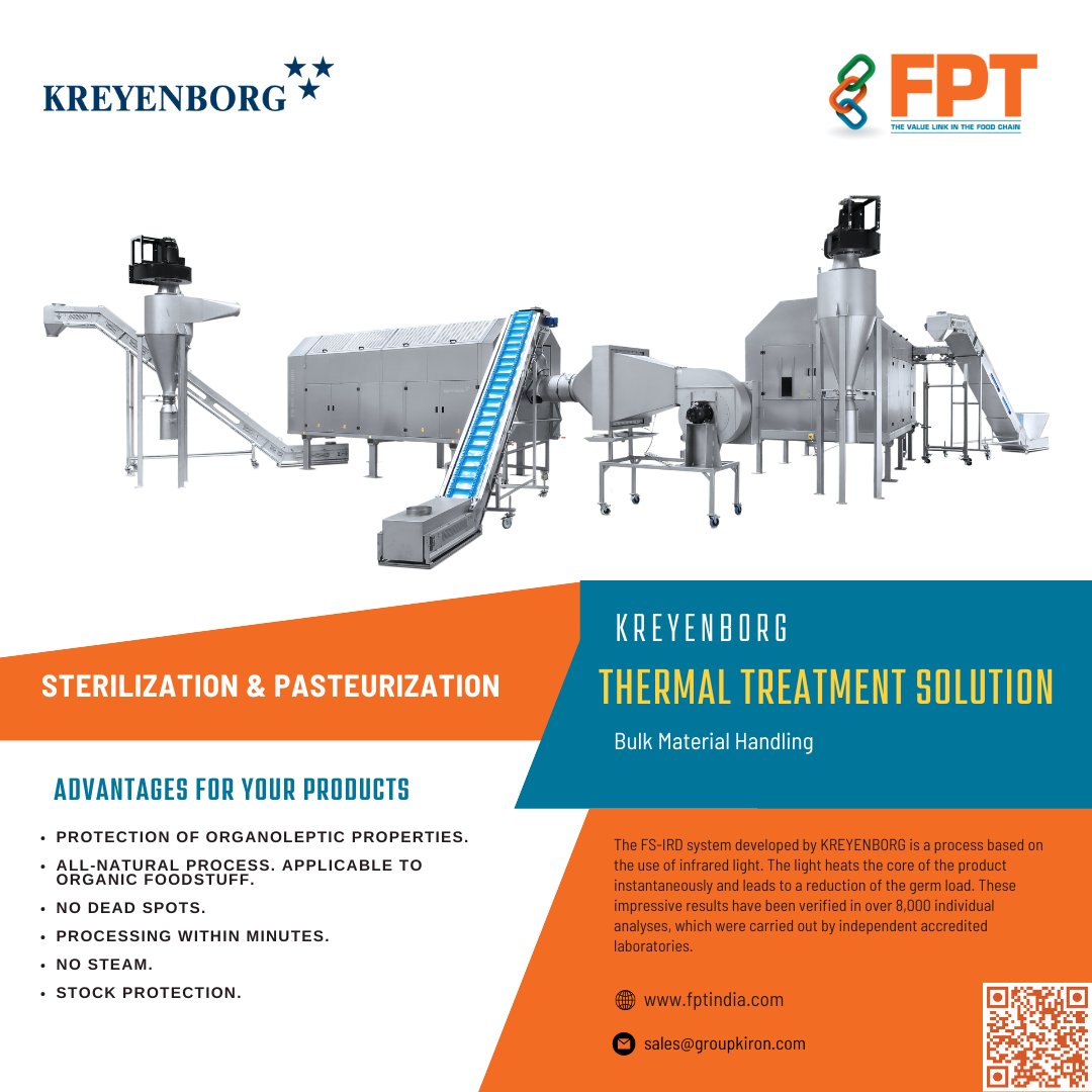 'Get top-notch solutions for handling bulk materials with KREYENBORG GmbH & Co. KG! Our continuous FoodSafety-IRD does it all - from sterilizing to roasting, for spices, nuts, and more!

For more information click here: fptindia.com/kreyenborg

#foodprocessing #equipment