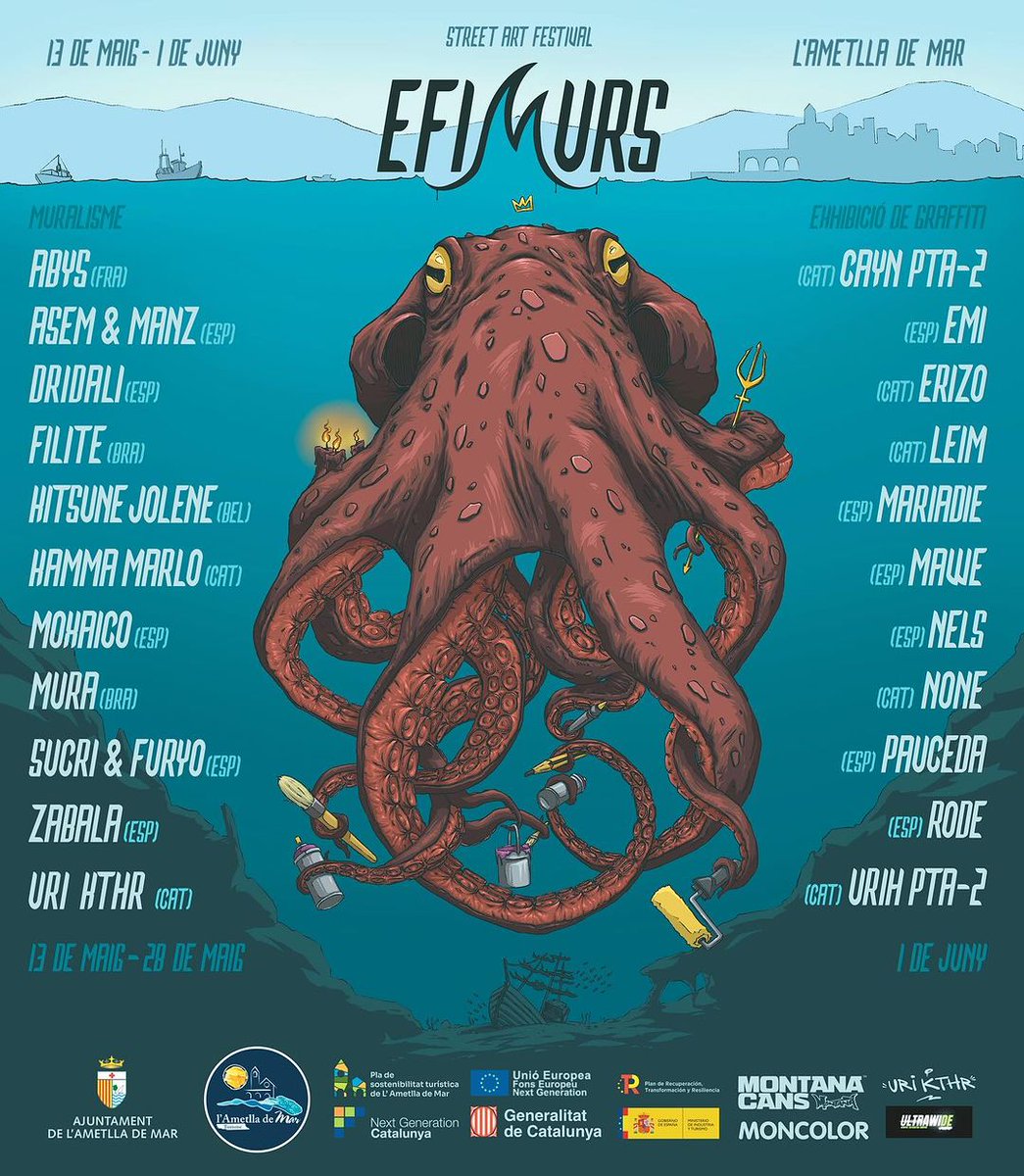 Cartell d'#EFIMURS, festival d'#arturbà a partir del 13/05.

Finançat pel Pla de Sostenibilitat Turística 'L'#AmetlladeMar, la Cala més natural' dels ajuts Next Generation de la UE.

#TerresdelEbre #CatalunyaExperience #UrbanArt