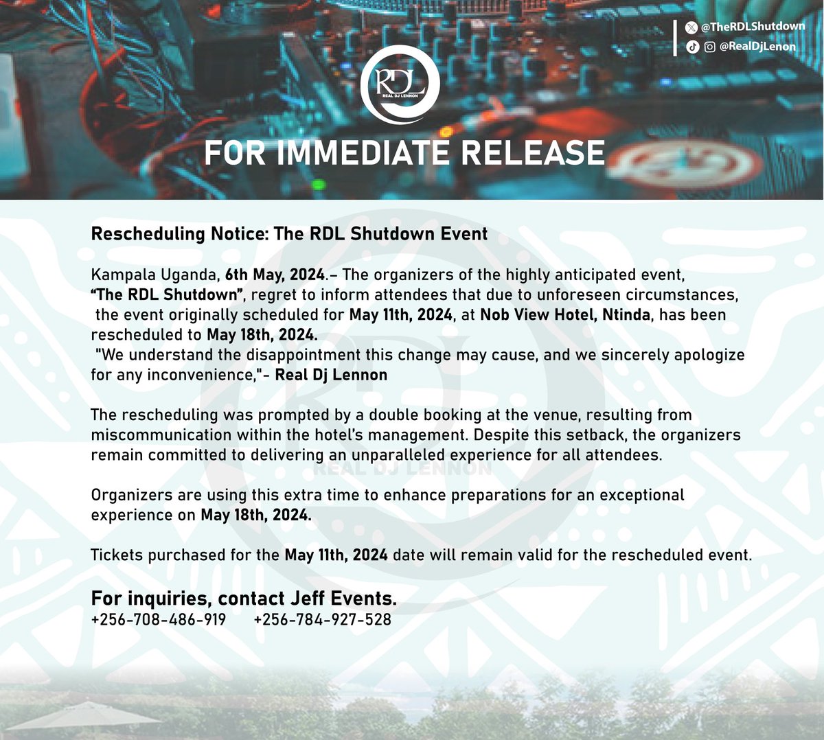 Hi good people, it's unfortunate that we had to reschedule #TheRDLShutdown due to miscommunication from the venue.(11th May was already booked) 18th May, 2024 is the new date. I can't wait to see y'all🙏🫶❤️