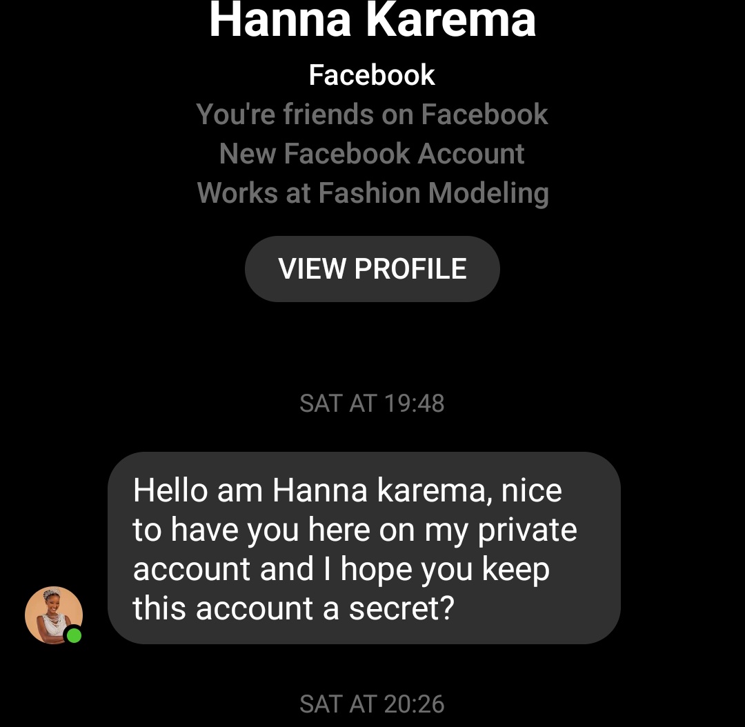 SO THERE IS THIS FAKE PERSON TRYING TO IMPERSONATE HANNA KAREMAs ACCOUNT AND THEY GO AHEAD ASKING FOR MONEY FROM PEOPLE PLEASE PLEASE AWARE OF THIS SCAMMER

@HannahKarema