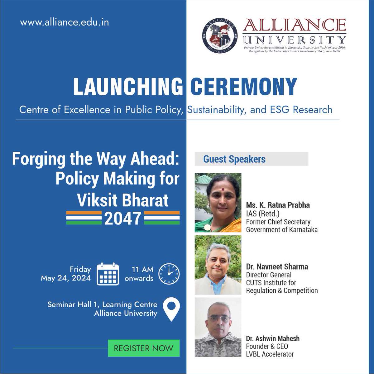 Alliance University is set to launch the Centre of Excellence in Public Policy, Sustainability, and ESG Research on May 24, 2024 (11 a.m. onwards) in the Seminar Hall I, Learning Centre. Register Now: forms.gle/WZLctdbvLnnAp6… #WeTheAlliance #Research@Alliance
