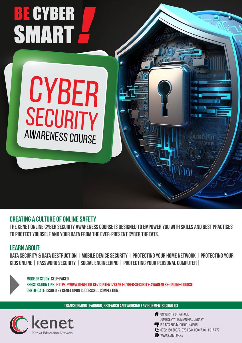 Have you registered for the #KENET #CyberSecurity Awareness course? Register now to learn how to identify cyber threats and appropriately respond to them! events.kenet.or.ke/event/41/regis… #KENET #CyberSecurity