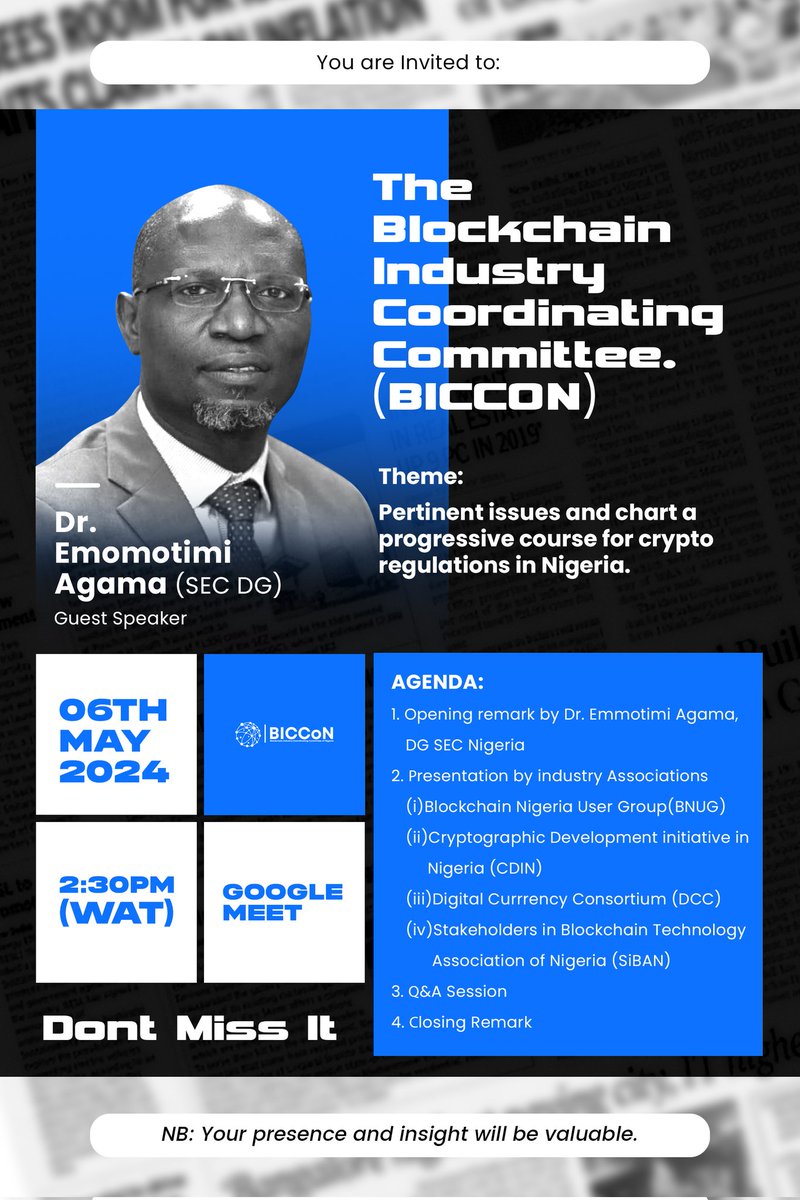 Blockchain Industry Coordinating Committee of Nig. (@biccon2021) on Twitter photo The meeting with the Director General of the <a href="/SECNigeria/">SEC Nigeria</a> has been rescheduled for 2.30PM WAT today. Check your emails for this update, if you registered for the engagement.
We look forward to a fruitful engagement.
© BICCoN The meeting with the Director General of the <a href="/SECNigeria/">SEC Nigeria</a> has been rescheduled for 2.30PM WAT today. Check your emails for this update, if you registered for the engagement.
We look forward to a fruitful engagement.
© BICCoN