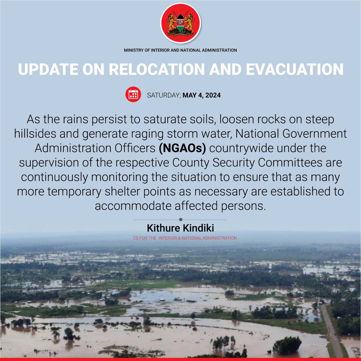 The Interior Cabinet Secretary, Kithure Kindiki, emphasizes the importance of disaster preparedness and evacuation procedures in mitigating the effects of floods. #MitigatingFloodsEffects