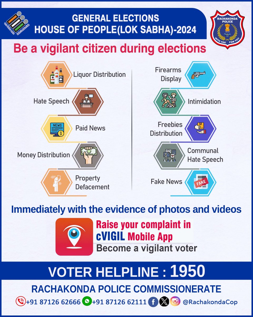 Be a vigilant citizen during #Elections Be a part of fair elections Use #cVIGIL App and report violations of the Model Code of Conduct. #VoterHelpline:1950 #ECISVEEP #Elections2024 #LokSabhaElections2024 @TelanganaCOPs @TelanganaDGP @ECISVEEP @SpokespersonECI @DcpMalkajgiri…