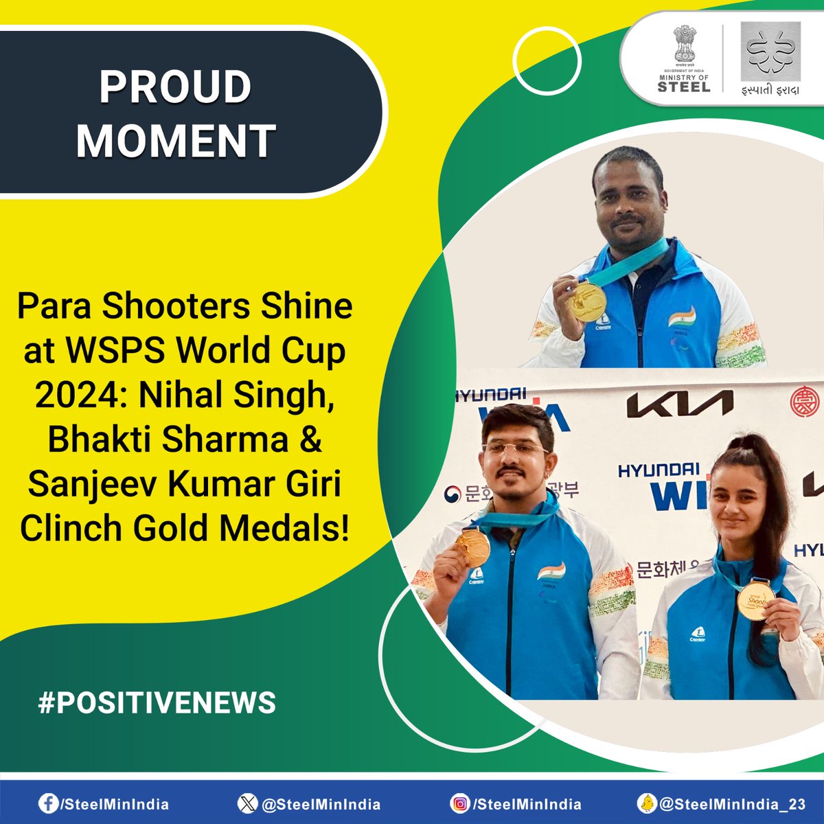 Indian para shooters excel at the #WSPS World Cup 2024 in South Korea. #NihalSingh & #BhaktiSharma won #gold in the Mixed 10m Air Pistol Event, and #SanjeevKumarGiri won #gold in the Men's 10m Air Pistol Category. Congratulations on their impressive victory!🥇🇮🇳 #PositiveNews