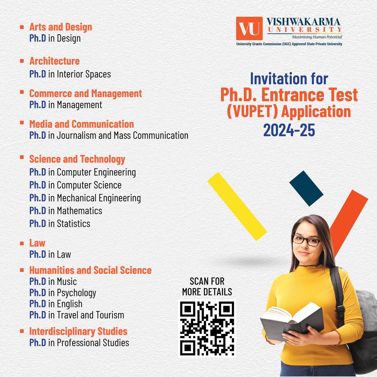 Applications for the Vishwakarma University Ph.D Entrance Test (VUPET) for the 2024-25 batch are now OPEN! Click the link below to learn more about Ph.D admissions. 
vupune.ac.in/academicss/phd…
#VUPET #PhDAdmissions #ResearchOpportunity #AcademicExcellence