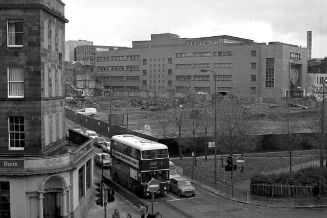 Looking down on the gap-site at East Fountainbridge in Edinburgh, previously the site of the Palladium Theatre. (1984) Pic: George Smith.