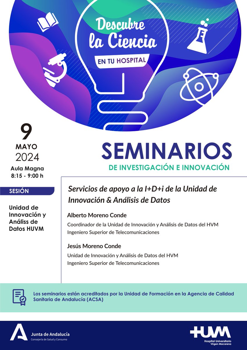 🔬Mañana a las 8:15 @InnovacionHUVM impartirá los seminarios de #Investigacion sobre Servicios de apoyo a la I+D+i