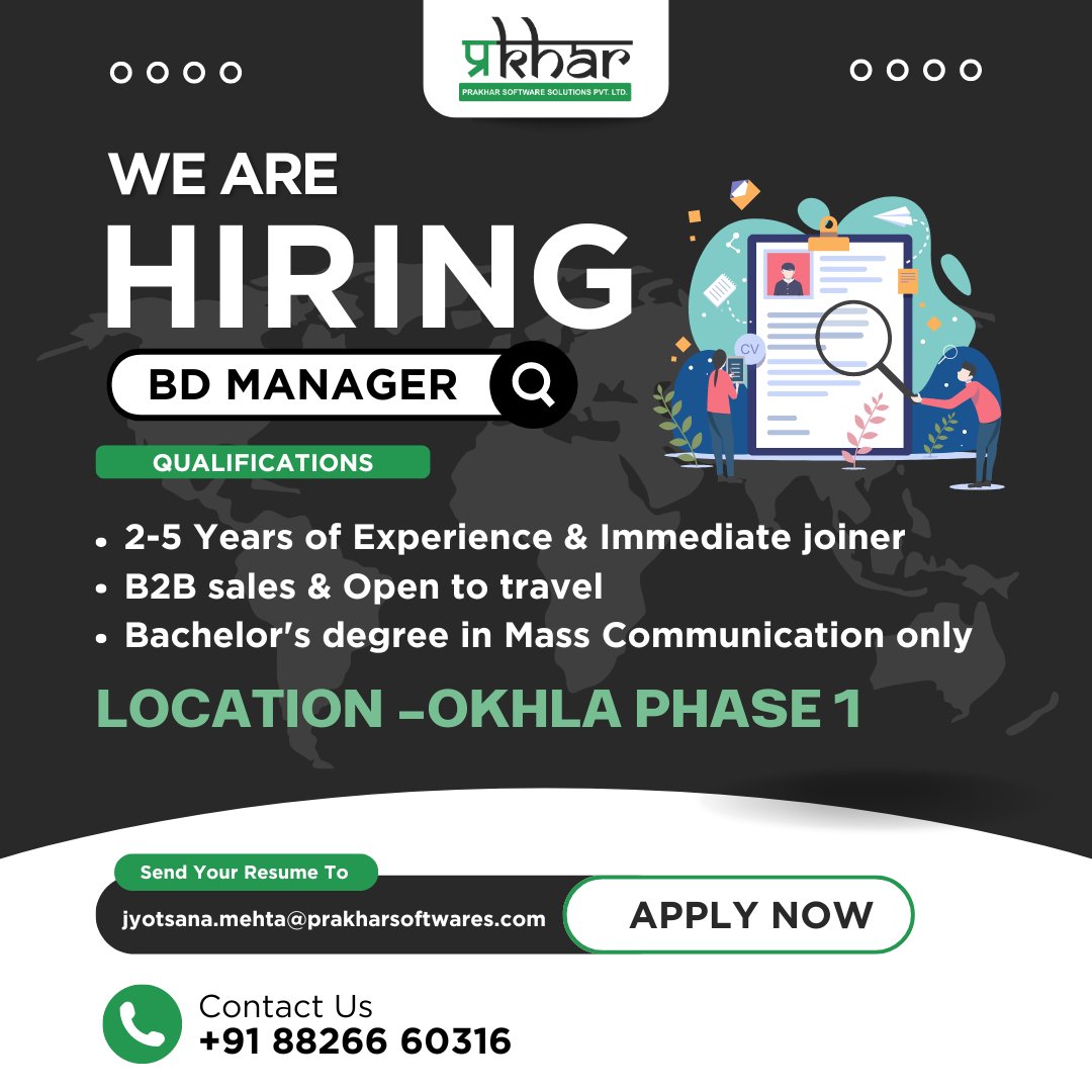 Apply now! Ready for an exciting career? We're hiring passionate and experienced individuals in positions: BD Manager. Details below -
#jobopportunity #NowHiring #professionals #graduates #hiring #linkedin #linkedinjobs #prakharsoftwares #professionals #hiringjobs #jobvacancNow