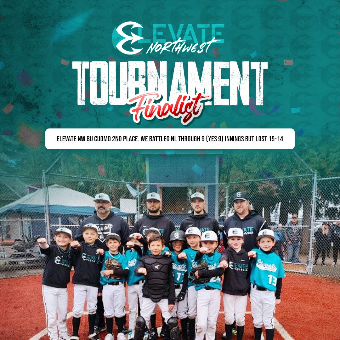 Congrats to Elevate NW 8U Cuomo who took 2nd place. They battled NL through 9 (yes 9!) innings but fell 15-14.