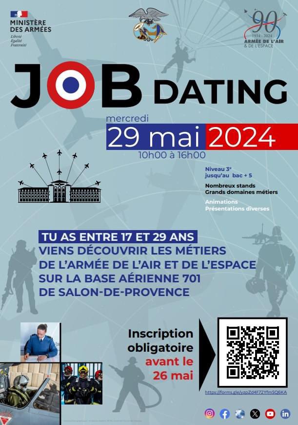 [#JobDating] Job Dating sur la BA 701 de Salon-de-Provence : découvrez les postes à pourvoir le 29 mai ! 🗓️ Inscris-toi dès maintenant en cliquant sur le lien : forms.gle/PSumURQtsNAhMg… #recrutement #notredéfense