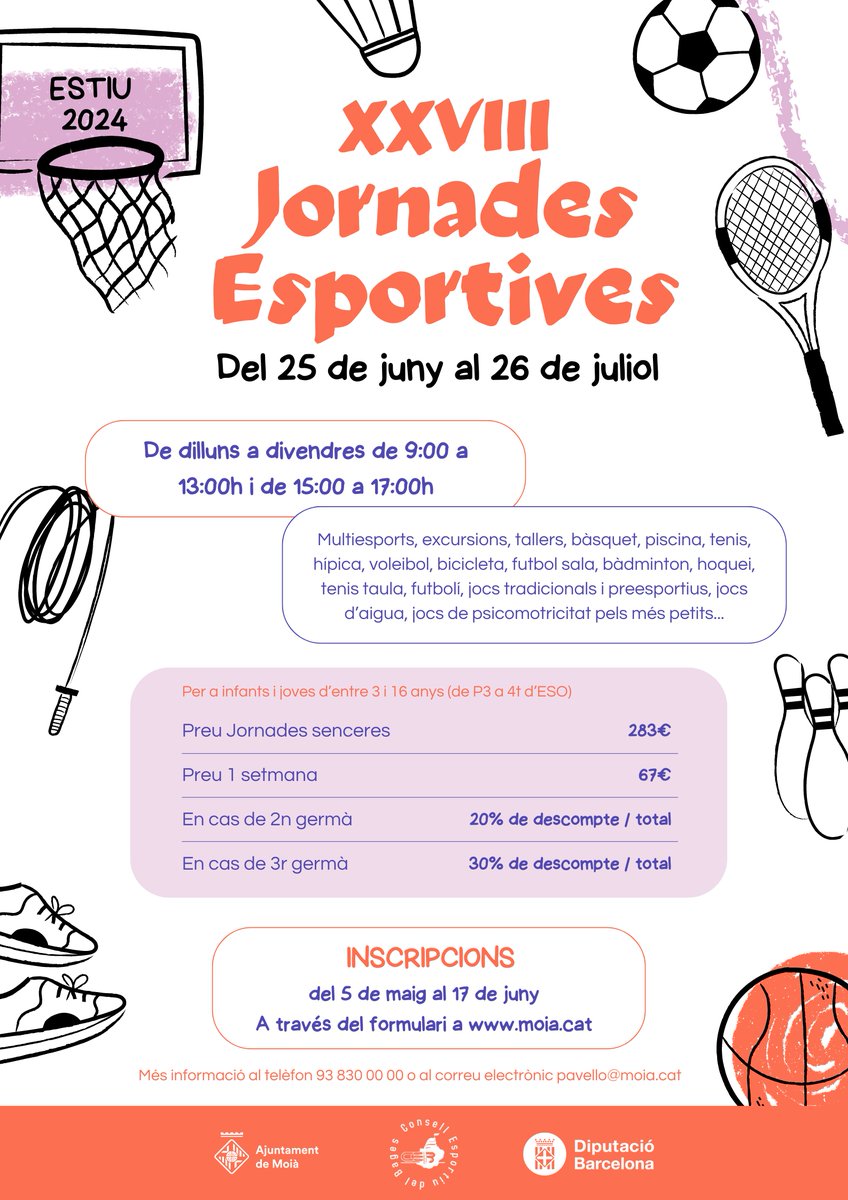 Ja estan obertes les inscripcions per les XXVIII Jornades Esportives! 🤸🏀🏐🏊‍♀️ Fins al 17 de juny, et pots apuntar al casal d'estiu que tindrà lloc del 25 de juny al 26 de juliol. Apunta't! Ens ho passarem bé❗️ ➡️docs.google.com/forms/d/e/1FAI…