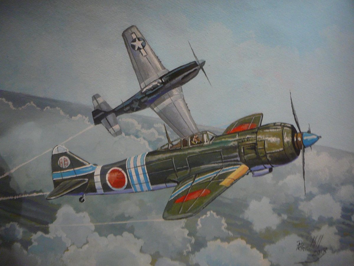 Acrylic l did in 2018. 
Kawanishi Ki-100 fighter of the Japanese Army Air-Force engaging a USAAF P-51 in July 1945. 
Gouache on paper 29 x 40cm.