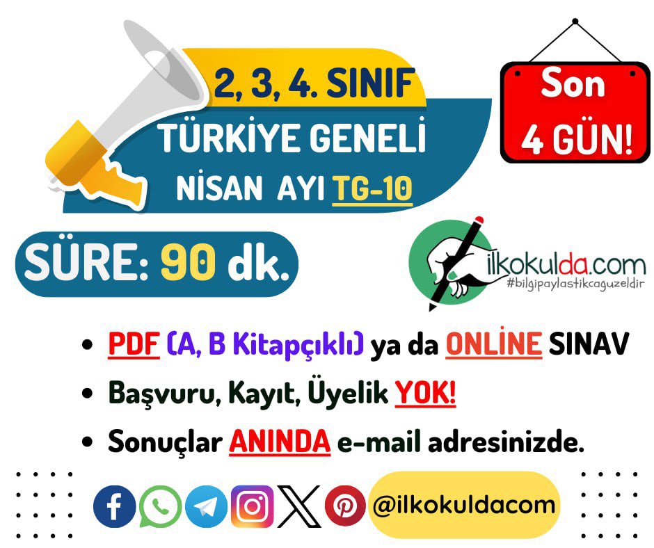 ilkokuldacom's tweet photo. 📌 İlkokul 2️⃣, 3️⃣, 4️⃣. Sınıf NİSAN AYI Sınavı PDF (A, B Kitapçıklı) ve ONLİNE Türkiye Geneli Deneme Sınavı TG-10 (SON 4️⃣ GÜN ‼️)

✔️ 2️⃣. Sınıf: https://t.co/kqydEdjQb1

✔️ 3️⃣. Sınıf: https://t.co/BJrqjx6Q5Y

✔️ 4️⃣. Sınıf: https://t.co/2lTdwUcDrc

#ilkokuldacom https://t.co/PuDlchpjTb