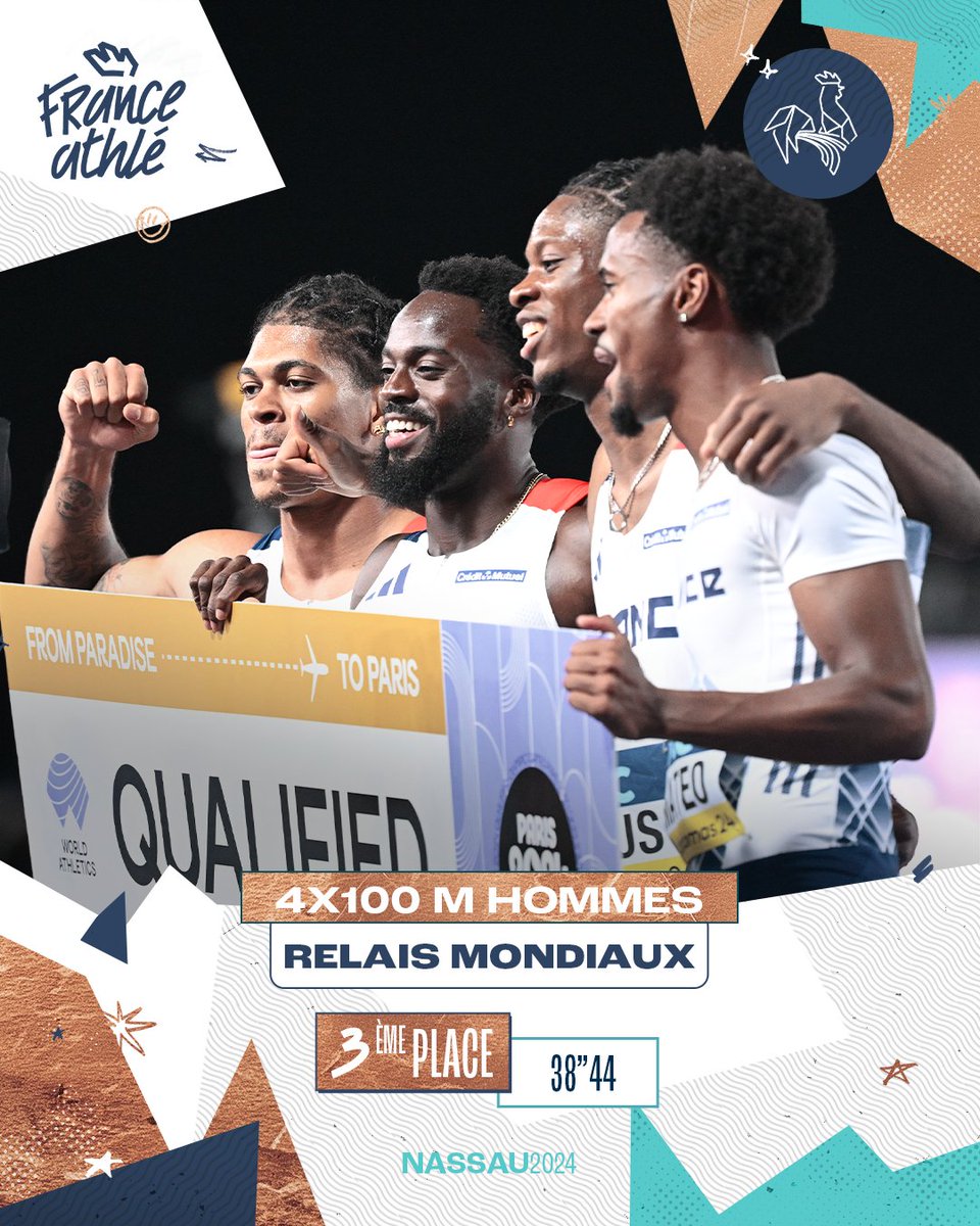 🥉 𝗗𝘂 𝗯𝗿𝗼𝗻𝘇𝗲 𝗽𝗼𝘂𝗿 𝗹𝗲𝘀 𝗕𝗹𝗲𝘂𝘀 ! 🇫🇷 Le 4x100 m hommes (Zézé, Erius, Matéo, Priam) s’est classé 3e de la finale en 38''44 ! 💻 Retrouvez les #WorldRelays en replay sur eurovisionsport.com