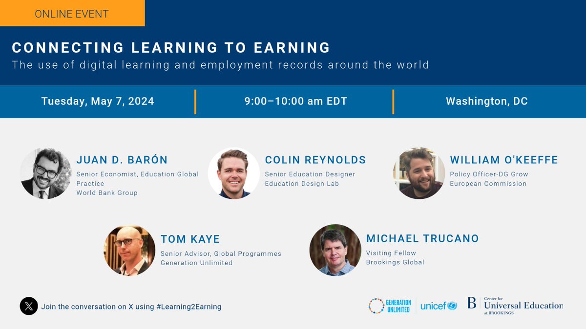 Join the webinar 'Connecting Learning to Earning' co-hosted by @BrookingsInst and @GenUnlimited_ to explore the use of digital learning and employment records to support youth transitioning into employment. 🔗 uni.cf/4b4jTyi #SkillsRightNow