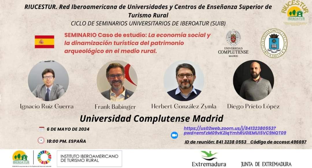 🚨 #QueNoSeTePase
#Hoy nos encontramos en el Seminario Casos de Estudio:
La economía social y la dinamización turística del patrimonio arqueológico en el medio rural.
Con participación de expertos de la <a href="/unicomplutense/">Complutense</a> <a href="/La_UPM/">Universidad Politécnica de Madrid</a>
🕕 18:00 vía zoom. 
#TurismoRural
#Agroturismo