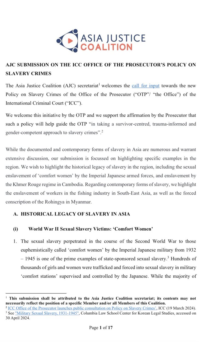 🚨AJC submission to the @IntlCrimCourt OTP on its Policy Paper on Slavery Crimes🚨 @asiajustice secretariat responded to the call for input by the OTP (@KarimKhanQC & Prof. Patricia Sellers) in ICC’s pursuit of slavery crimes. Read our submission below: bit.ly/AJCSlaveryCrim…