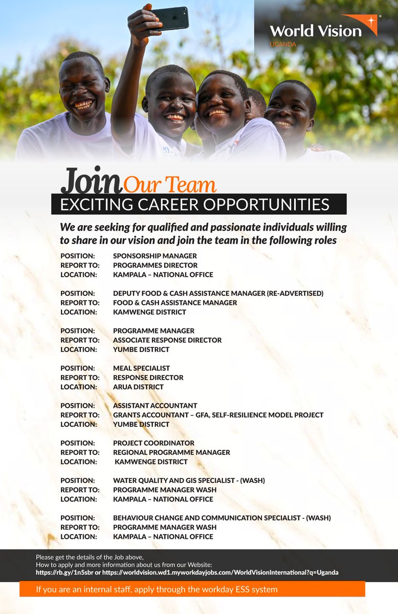🌟Join the team at World Vision🧡 For more details and application, follow the links below: rb.gy/1n5sbr or worldvision.wd1.myworkdayjobs.com/WorldVisionInt… @WorldVision does not solicit any money for any job application. #Jobs