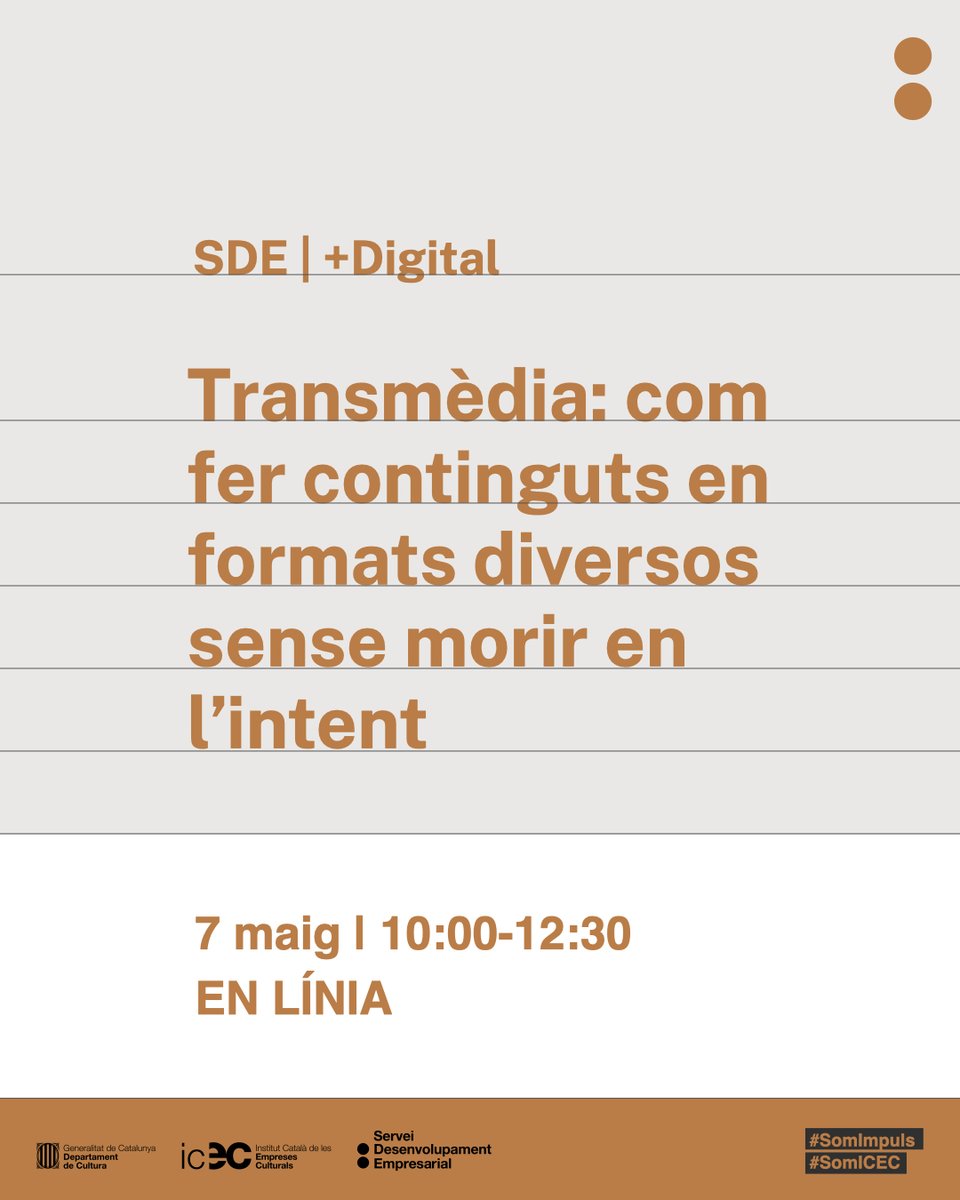 ⌛️Atenció! Últimes hores per inscriure's! Descobreix com donar diverses vides als teus continguts #transmèdia, adaptant-los als formats que demanen els diferents canals de comunicació que tenim a l'abast. 🗓️ 7/05 🕛 10:00-12:30h 💻 En línia ✍️🏻icec.cat/SDE_Transmedia